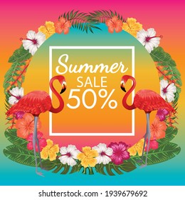 tropical friuts and flamingo bird and sunset beach vibe