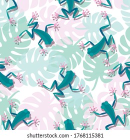 Tropical frogs pattern. Monstera leaves and funny frogs in cartoon style sitting and jumping. Seamless template. 