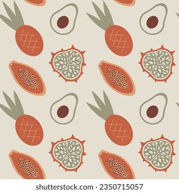 Tropical fruis wallpaper. Vector seamless pattern with exotic food. Abstract ripe pineapple, avocado, papaya and dragon fruit.