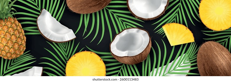 Tropical Fruit Background with pineapple, coconut, whole and pieces on palm tree leaves. 3d summer banner design.