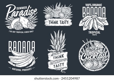 Tropical fruit badge collection for summer with pineapple and coconut illustrations in monochrome set. Fruits or exotic eco elements for vegetarian menu. Organic nature ingredients for food market.