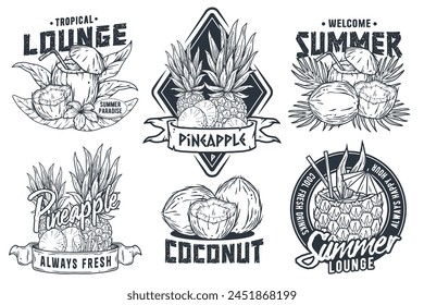 Tropical fruit badge collection for summer with pineapple and coconut illustrations in monochrome set. Fruits or exotic eco elements for vegetarian menu. Organic nature ingredients for food market.