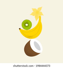 Tropical fruit balance composition. Coconut, banana, kiwi, carambola. Healthy food concept with flat hand drawn textured illustration. Summer juice cute print for tote bag, poster or t-shirt.