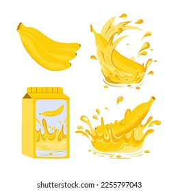 Tropical fruit banana. Banana juice in a package. Splashing and juice drops. Vector set in the flat style.