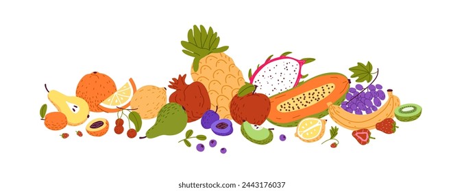 Tropical fruit and berries composition. Fresh exotic food. Summer garden crop on still life: apple, banana, orange, pineapple, half papaya, pear. Flat isolated vector illustration on white background