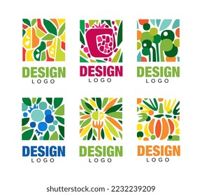 Tropical fruit and berries logo design set. Fresh juice, organic food labels and badges vector illustration