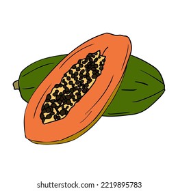 Una fruta tropical llamada papaya. Hay dos partes, una de ellas ha sido despedazada