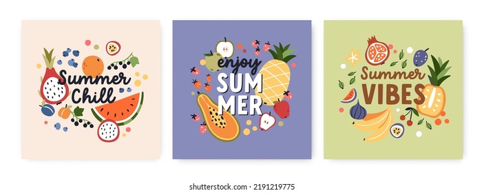 Tropical fruit cards designs with summer quotes, different sweet vitamin berries, watermelon, pineapple, bananas. Exotic fruity backgrounds templates set. Modern colored flat vector illustrations