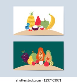 Tropical fruit cartoon characters vector set