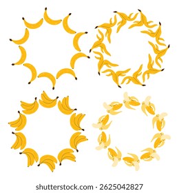 Tropical fruit circle border. Set of banana frames. Space for text. For card, invitation, wedding, birthday and other holiday.