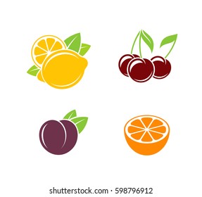 Tropical fruit and citrus fruit. Gardening sign. Organic food vector. Isolated lemon cherry orange and plum