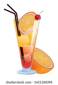 Tropical fruit cocktail with cherries, orange and straw icon cartoon vector illustration graphic design