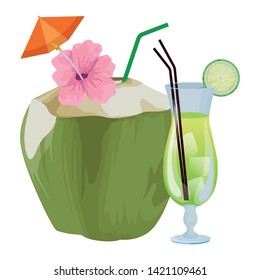 Tropical fruit cocktail with coconut beverage, lemon slide, straw, umbrella and decorated with flower icon cartoon vector illustration graphic design