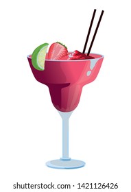 Tropical fruit cocktail with strawberry, lemon slide and straw icon cartoon vector illustration graphic design