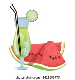 Tropical fruit cocktail with watermelon, lemon slide and straw icon cartoon vector illustration graphic design