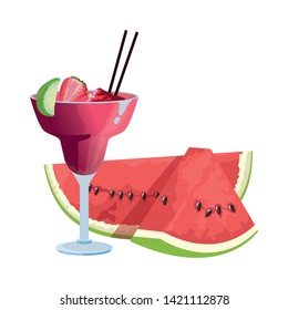 Tropical fruit cocktail with watermelon strawberry, lemon slide and straw icon cartoon vector illustration graphic design