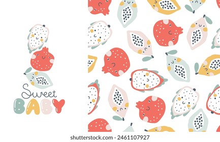 Tropical Fruit collection of seamless pattern with print composition and comic lettering. Vector cartoon childish background with cute smiling fruit characters in simple hand-drawn style