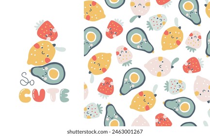 Tropical Fruit collection of seamless pattern with print composition and comic lettering. Vector cartoon childish background with cute smiling fruit characters in simple hand-drawn style