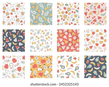 Tropical Fruit collection of seamless patterns. Vector cartoon childish background with cute smiling fruit characters in simple hand-drawn style. Pastel colors, polka dots, hearts