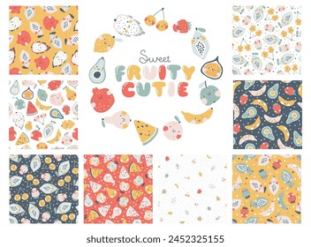 Tropical Fruit collection of seamless patterns with print composition and comic lettering. Vector cartoon childish background with cute smiling fruit characters in simple hand-drawn style