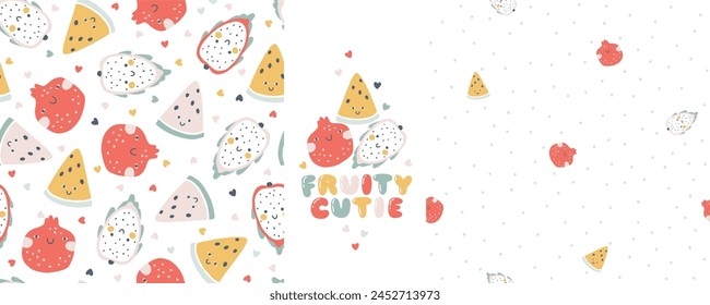 Colección Tropical Fruit de patrones sin fisuras con composición de impresión y letras cómicas. Fondo infantil de dibujos animados de Vector con personajes de frutas sonrientes lindos en estilo simple dibujado a mano