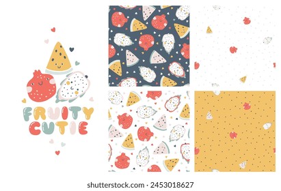 Tropical Fruit collection of seamless patterns with print composition and comic lettering. Vector cartoon childish background with cute smiling fruit characters in simple hand-drawn style