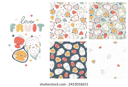 Tropical Fruit collection of seamless patterns with print composition and comic lettering. Vector cartoon childish background with cute smiling fruit characters in simple hand-drawn style