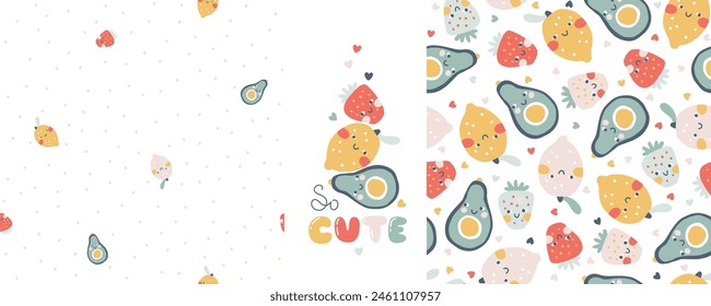 Tropical Fruit collection of seamless patterns with print composition and comic lettering. Vector cartoon childish background with cute smiling fruit characters in simple hand-drawn style