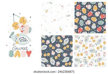 Tropical Fruit collection of seamless patterns with print composition and comic lettering. Vector cartoon childish background with cute smiling fruit characters in simple hand-drawn style