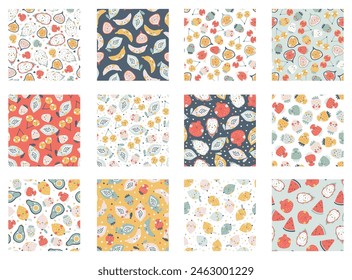 Colección de frutas tropicales de patrones sin fisuras. Fondo infantil de dibujos animados de Vector con personajes de frutas sonrientes lindos en un estilo simple dibujado a mano. Colores pastel, lunares, corazones