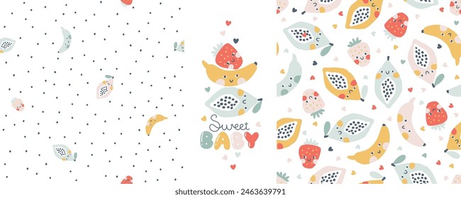 Colección Tropical Fruit de patrones sin fisuras con composición de impresión y letras cómicas. Fondo infantil de dibujos animados de Vector con personajes de frutas sonrientes lindos en estilo simple dibujado a mano