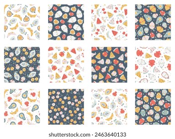 Colección de frutas tropicales de patrones sin fisuras. Fondo infantil de dibujos animados de Vector con personajes de frutas sonrientes lindos en un estilo simple dibujado a mano. Colores pastel, lunares, corazones.