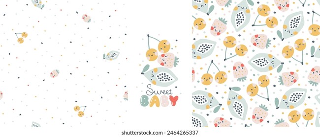 Colección Tropical Fruit de patrones sin fisuras con composición de impresión y letras cómicas. Fondo infantil de dibujos animados de Vector con personajes de frutas sonrientes lindos en estilo simple dibujado a mano