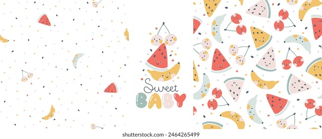 Tropical Fruit collection of seamless patterns with print composition and comic lettering. Vector cartoon childish background with cute smiling fruit characters in simple hand-drawn style