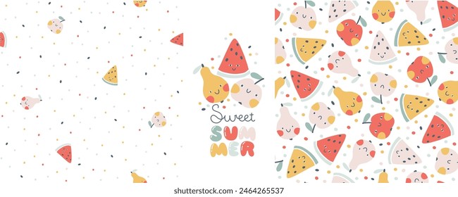 Tropical Fruit collection of seamless patterns with print composition and comic lettering. Vector cartoon childish background with cute smiling fruit characters in simple hand-drawn style