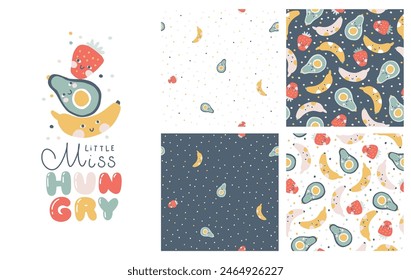 Colección Tropical Fruit de patrones sin fisuras con composición de impresión y letras cómicas. Fondo infantil de dibujos animados de Vector con personajes de frutas sonrientes lindos en estilo simple dibujado a mano