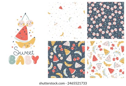 Colección Tropical Fruit de patrones sin fisuras con composición de impresión y letras cómicas. Fondo infantil de dibujos animados de Vector con personajes de frutas sonrientes lindos en estilo simple dibujado a mano