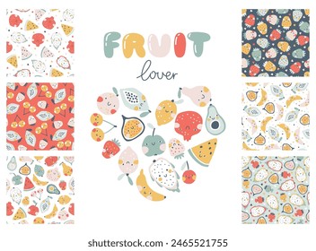 Colección Tropical Fruit de patrones sin fisuras con composición de impresión y letras cómicas. Fondo infantil de dibujos animados de Vector con personajes de frutas sonrientes lindos en estilo simple dibujado a mano