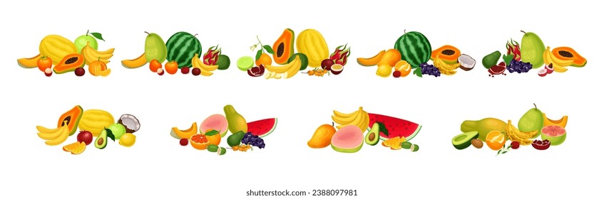 Tropical Fruit Composition with Summer Juicy Food Vector Set