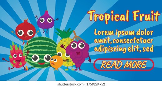 Tropical fruit concept banner. Isometric banner of tropical fruit comics vector concept for web, giftcard and postcard