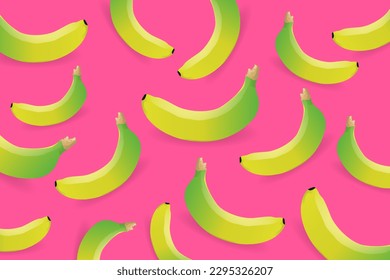 Tropical fruit concept. Vector summer pattern of pink bananas on a green background