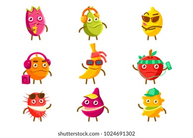 Tropical Fruit Cool Cartoon Characters On Vacation Set Of Colorful Stickers With Humanized Food Items