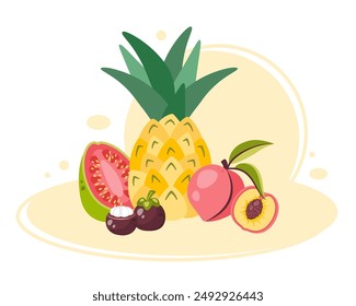 Tropical Fruit design. Hand drawn fruits set. Sweet organic natural healthy food. Fruit dessert. Ripe vitamin natural diet. Pineapple, guava, watermelon, peach. Vector flat cartoon illustration 