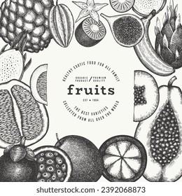 Tropical Fruit Design Template. Vector Hand Drawn Exotic Fruit Banner. Vintage Style Menu Illustration.
