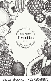 Tropical Fruit Design Template. Vector Hand Drawn Exotic Fruit Banner. Vintage Style Menu Illustration.