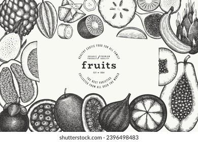 Tropical Fruit Design Template. Vector Hand Drawn Exotic Fruit Banner. Vintage Style Menu Illustration.
