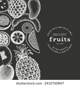 Tropical Fruit Design Template. Vector Hand Drawn Exotic Fruit Chalk Board llustration. Vintage Style Menu Illustration.