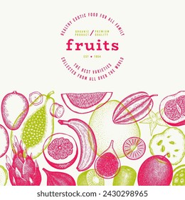 Plantilla de diseño de fruta tropical. Vector dibujado a mano Banner de fruta exótica. Ilustración de menú de estilo vintage.