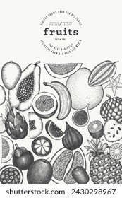 Tropical Fruit Design Template. Vector Hand Drawn Exotic Fruit Banner. Vintage Style Menu Illustration.