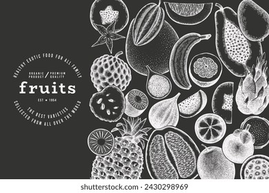 Tropical Fruit Design Template. Vector Hand Drawn Exotic Fruit Chalk Board llustration. Vintage Style Menu Illustration.